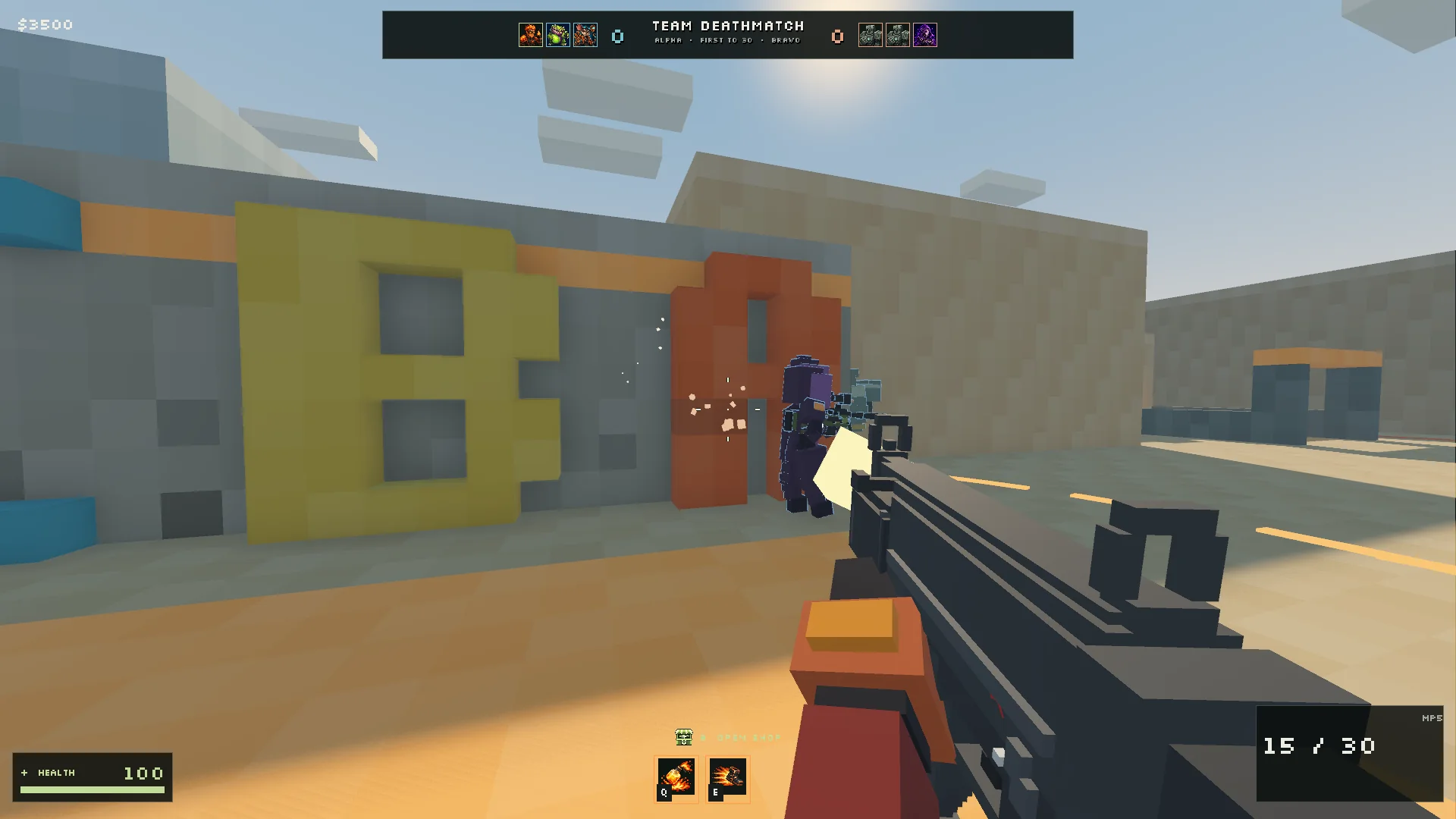 Player firing an MP5 at an opponent beside Alpha and Bravo markings