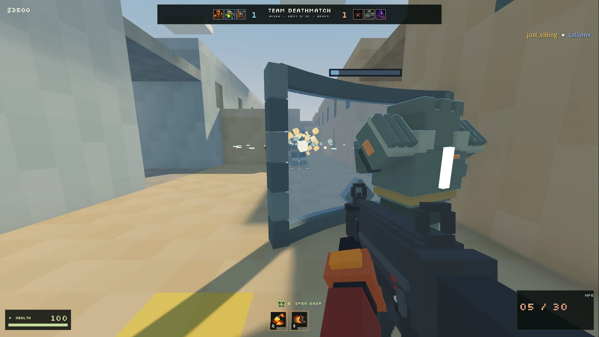 Breakfront player firing down a sunlit voxel arena lane