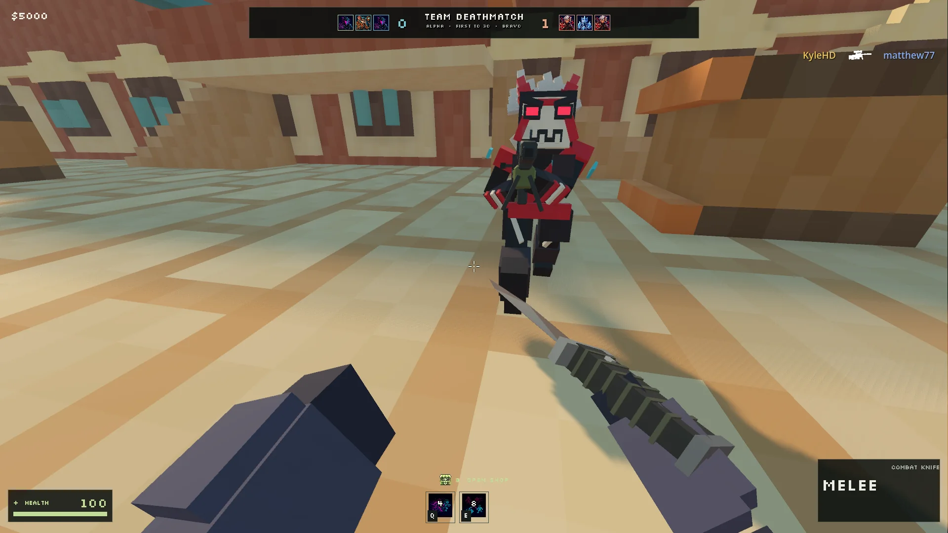 Knife duel with a red-armored champion in a desert arena