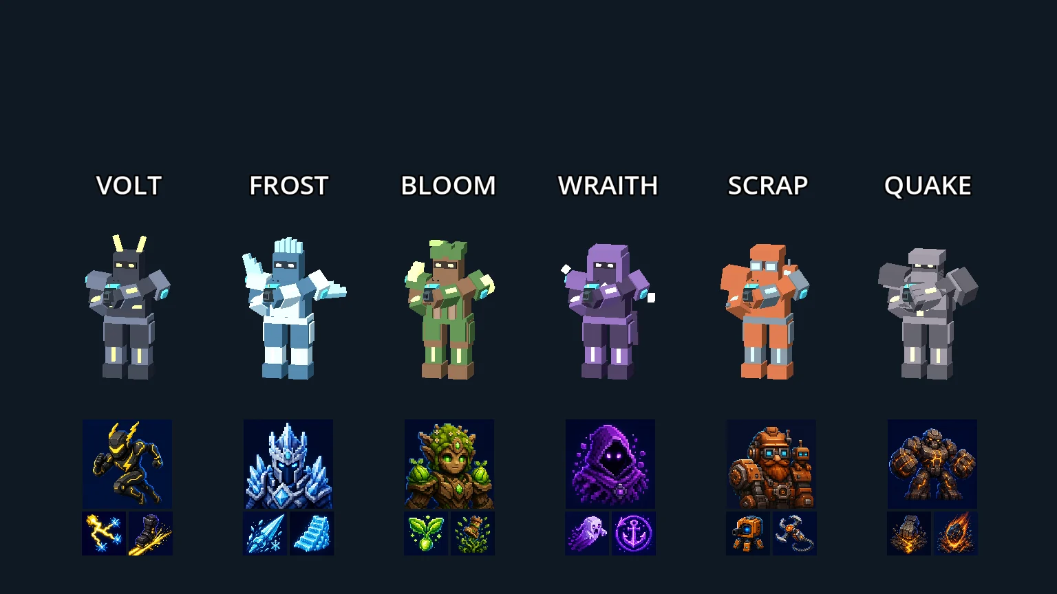Concept lineup for six Breakfront champions: Volt, Frost, Bloom, Wraith, Scrap, and Quake